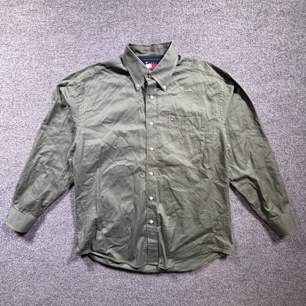 Tommy Hilfiger Button-Down Shirt Men's L Green Cotton Preppy Career Business
